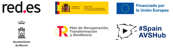 Logotipos: red.es, Gobierno de España – Ministerio de Asuntos Económicos y Transformación Digital, Financiado por la Unión Europea, Ayuntamiento de Murcia, Plan de Recuperación, Transformación y Resiliencia, #SpainAVSHub